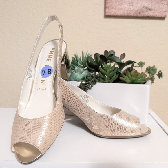 Anne Klein Slingback Open Toe Leather Chunky Heel Pale Gold, Sz 8.5 NWOT - Picture 5 of 13